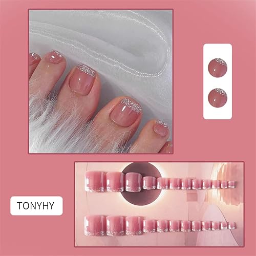 Miniatura 2 de Uñas postizas a presión, color rosa, uñas postizas francesas con diamantes de imitación para pegar en las uñas de los pies, uñas postizas acrílicas,