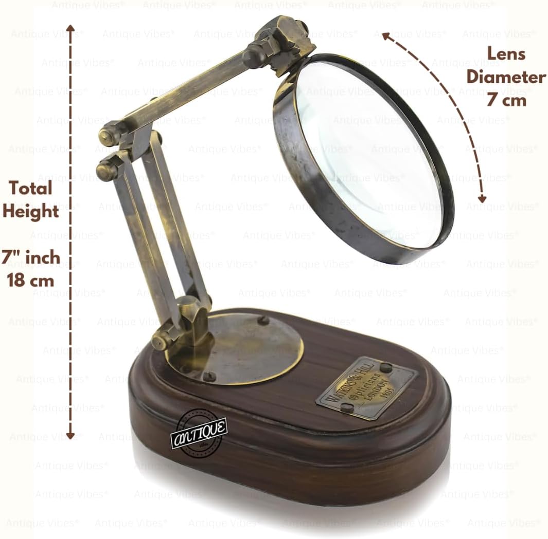 Handmade Magnifying Glass, Wooden Stand, Adjustable Arms, Vintage Style Magnifier, Reading Coin & Stamp, Astrologer, Collectible Table Office Home Décorative Gifts for Collectors