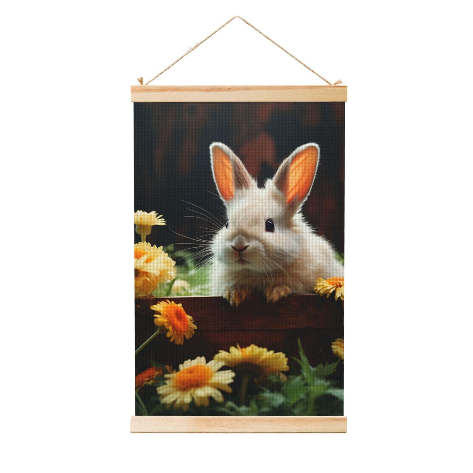 Rabbit and flower Poster Wooden Shaft Hanging Poster Wall Hanging Banner Canvas Artwork with Wood Frames 16"x24" Modern Artwork Decor Ready to Hang Wall Art for Home Decor Scroll Painting