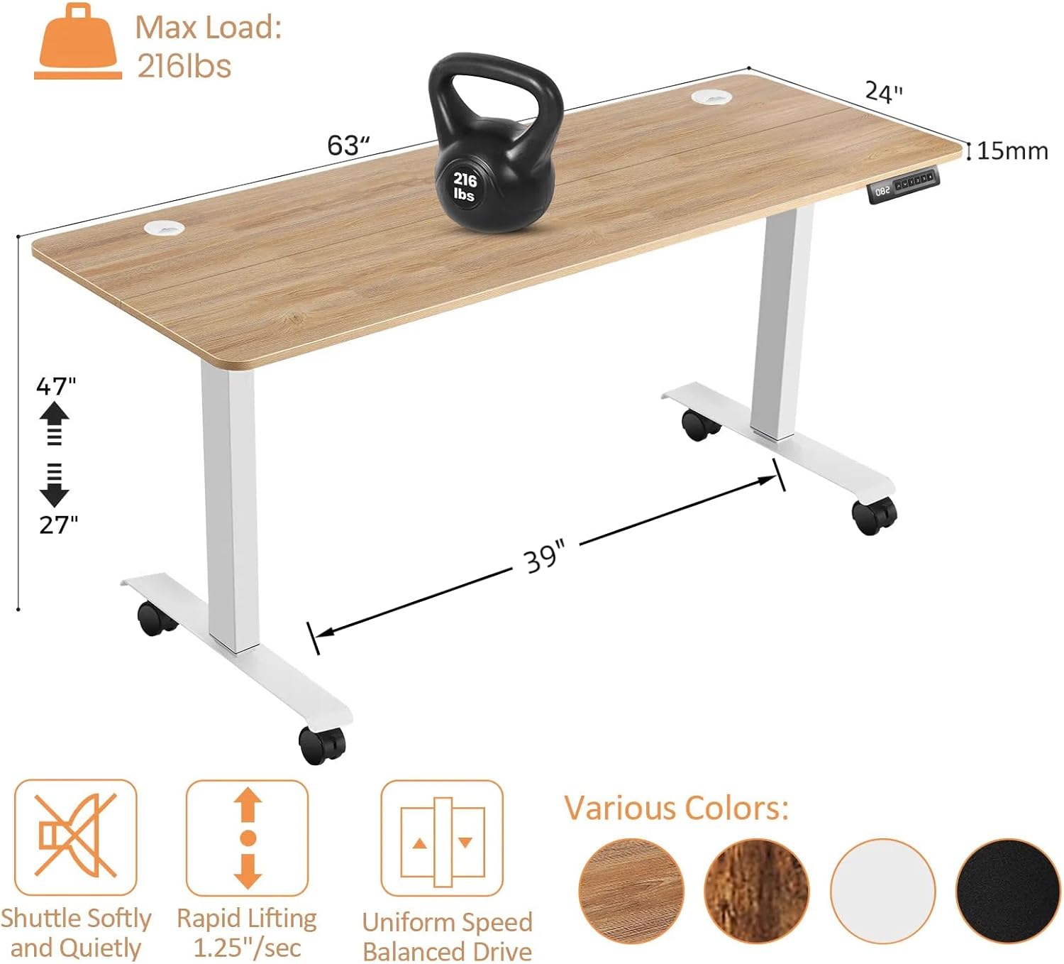 Electric Standing Desk 63 x 24 Inches Adjustable Height Sit Stand Up Desk for Home Office Computer Workstation Memory Preset with Wheels, Oak