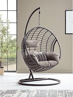 Hanging Egg Chair with Stand, Indoor Outdoor Wicker Swing Chair, Black Frame with Grey Cushions