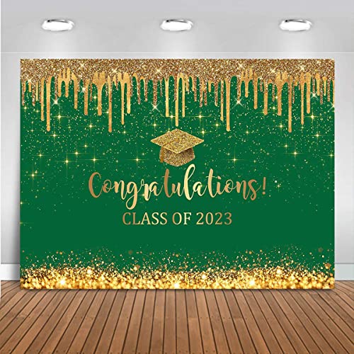 Mocsicka Green And Gold Graduation Backdrop Congratulations Class Of 2023 Photography Background Vinyl 2023 Graduation Party Decorations Congrats Grad Cake Table Banner (Green Gold, 10X7Ft) #TOP24