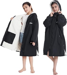 HiTurbo Kids Warm Swim Parka: Waterproof Oversized Changing Robe Hooded Surf Poncho Thick Fleece Lining 7-14Y