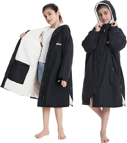 Hiturbo Parka de natación para niños, bata de natación impermeable con capucha, poncho de surf con forro polar Sherpa para 5-12 años