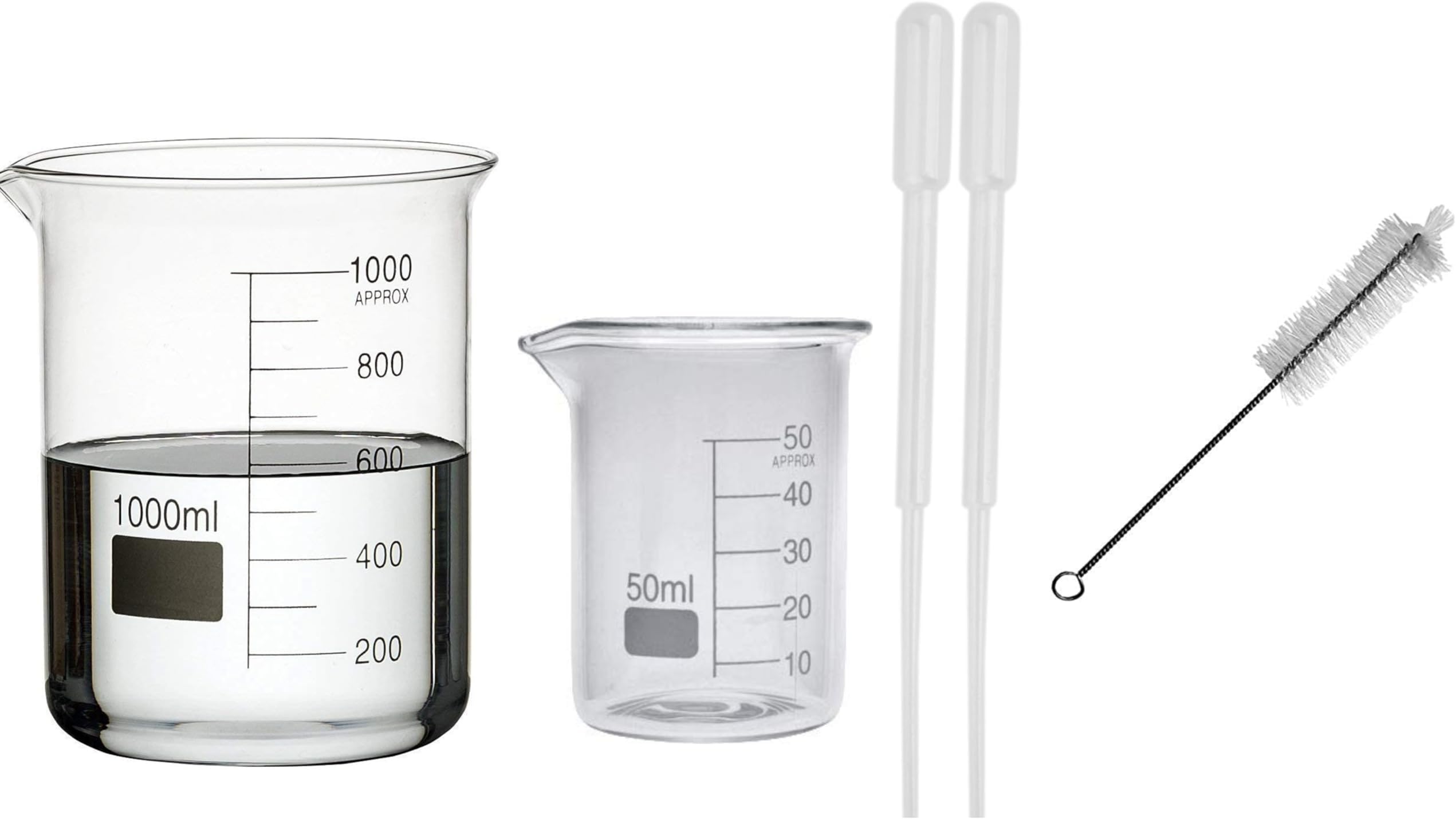 Borosilicate 3.3 Glass Beaker 1000 ml & 50ml.(3ml droppers (2) and Free size Brush Thick Walls)