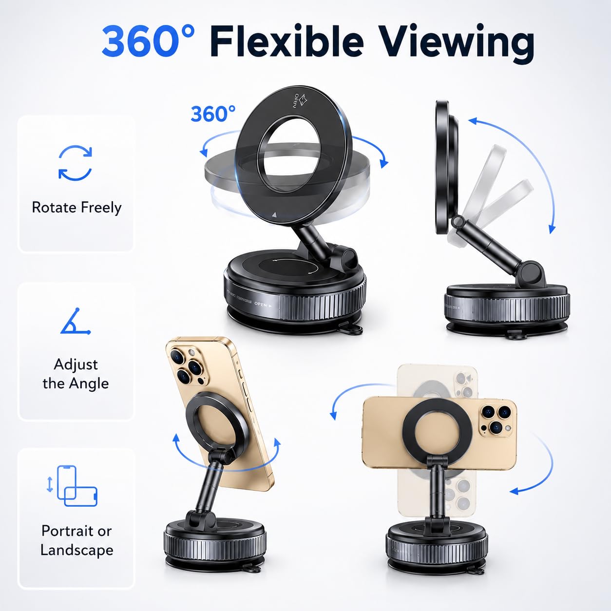 Soporte magnético para teléfono de coche, ventosa al vacío y almohadilla adhesiva, soporte 2 en 1, 24 imanes N52, rotación de 360°, soporte universal compatible con MagSafe para salpicadero