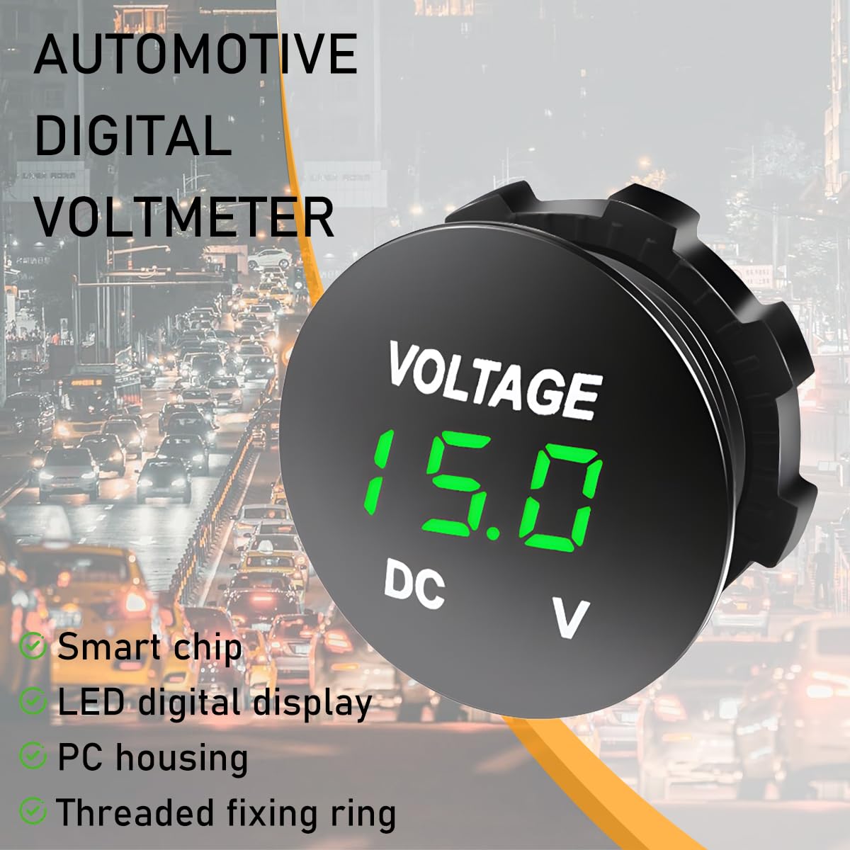 Car DC12V-24V Voltmeter Gauge, LED Digital Display Round Panel Voltage Meter Battery Monitor Indicator, Mini Automotive Voltmeter Replacement, Universal for Truck Sedan SUV (Green)