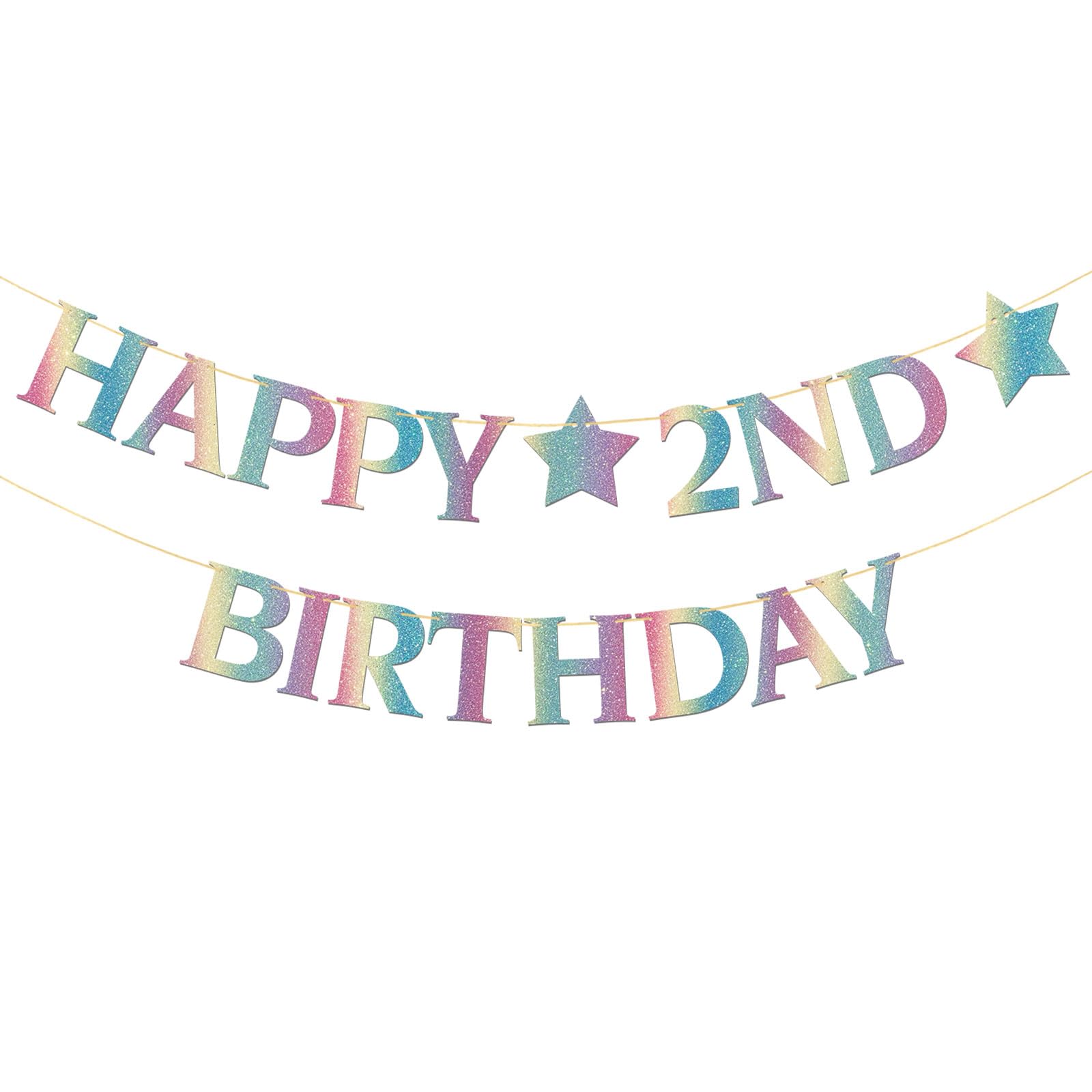 Happy 2nd Birthday Banner Colorful - Kid Boy Girl 2nd Birthday Party Banner Garland Supplies - Perfect Second Bday Gifts - Two Sweet Two Cute Party Decorations - Rainbow Color Glitter — image 1