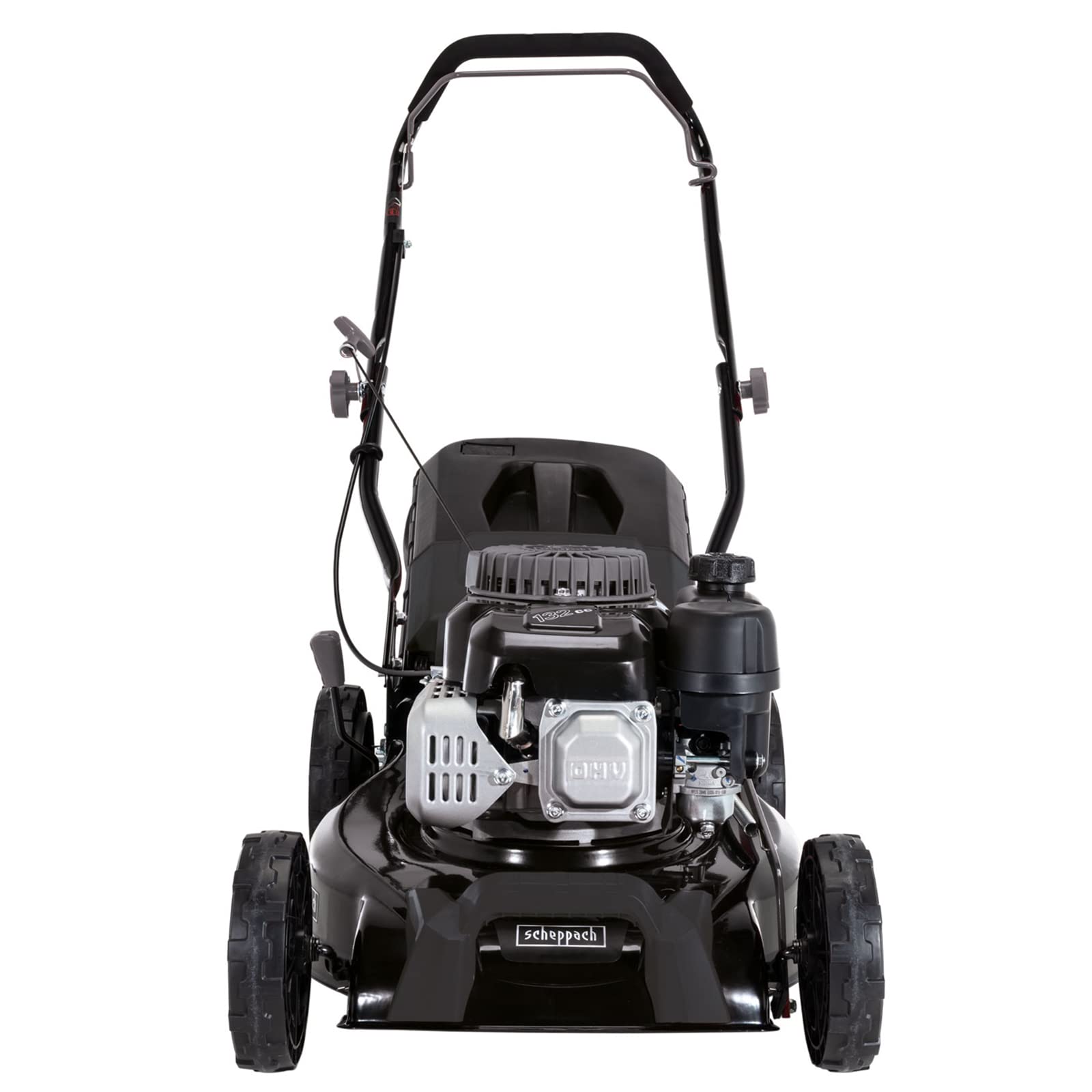 Scheppach Rasenmäher Benzin MP135-42B Black Edition | 42cm Schnittbreitte | 3 PS | Stahlgehäuse | Höhenverstellung in 7 Stufen (25 - 75mm) | 55 Liter Fangkorb