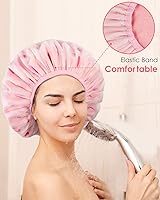 Vista 44 de Auban Gorro de ducha, gorro de ducha para mujer, forro de tela de rizo, EVA, exterior, reutilizable, doble capa, impermeable, gorra de baño grande