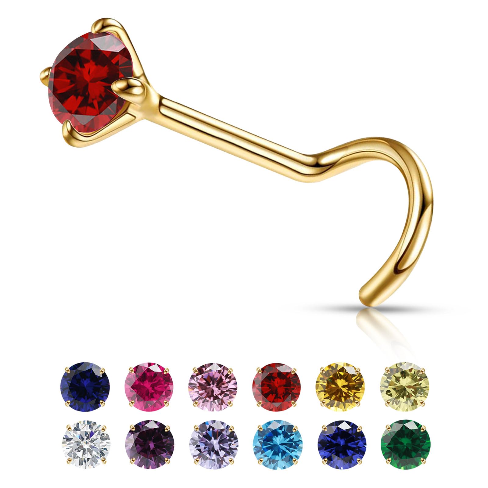 VDKIDKT Kleiner goldener Nasenstecker mit Geburtsstein für Frauen 20G, 3mm-Rundstein CZ Nasenringe und Nasenstecker, winziger goldener Nasenpiercing-Schmuck (1. Januar – Granat)