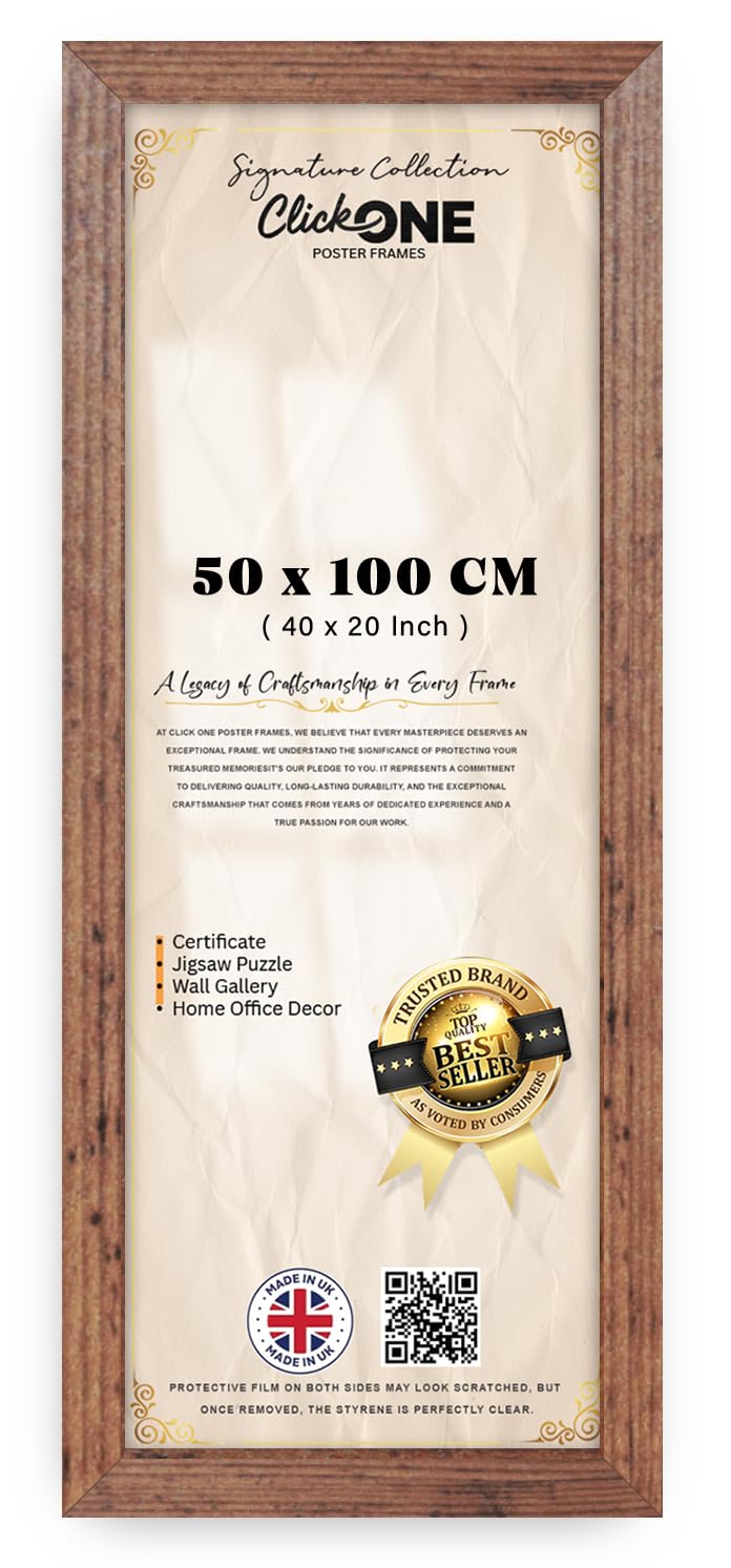Click One Panoramic 50 X 100 cm Poster Frame With Solid Engineered Wood Border And Secure Hanging Hooks Clear Perspex Cover For Wall Art 40 X 20 Inch Rustic Finish For Living Room Office