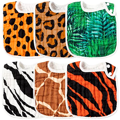 Image of Zainpe 6Pcs Snap Muslin Cotton Bibs for Baby Leopard Tiger Stripe Zebra Pattern Bib Adjustable Feeding Bib Machine Washable Unisex Burp cloth with 6 Absorbent Soft Layers for Infant Toddler Newborn