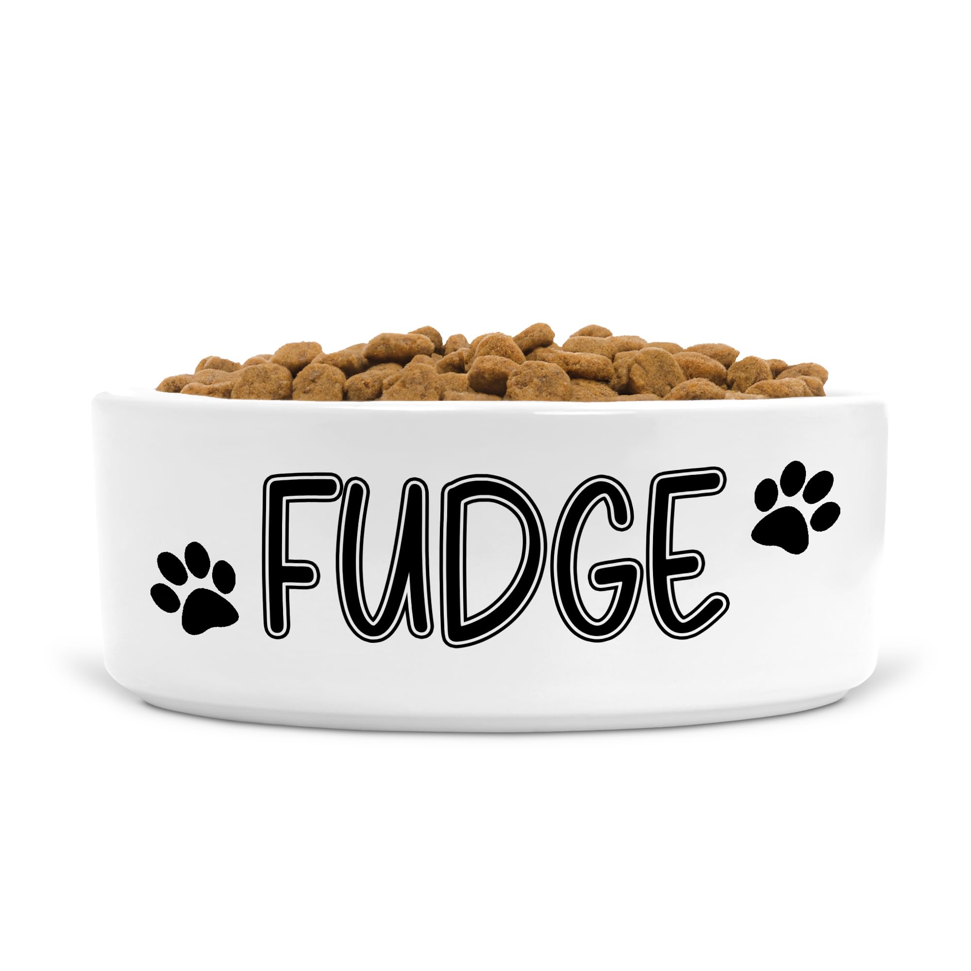Personalised Ceramic Dog Bowl Custom with Name 2 Paw Prints, Size Small-Medium Dogs (Black print, Text Style WD)