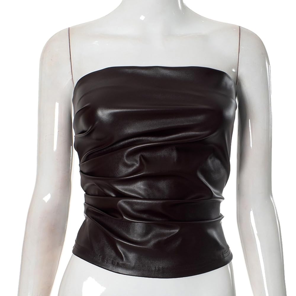 YCVAZXSZ Women's PU Leather Tube Tops Trendy Ruched Zipper