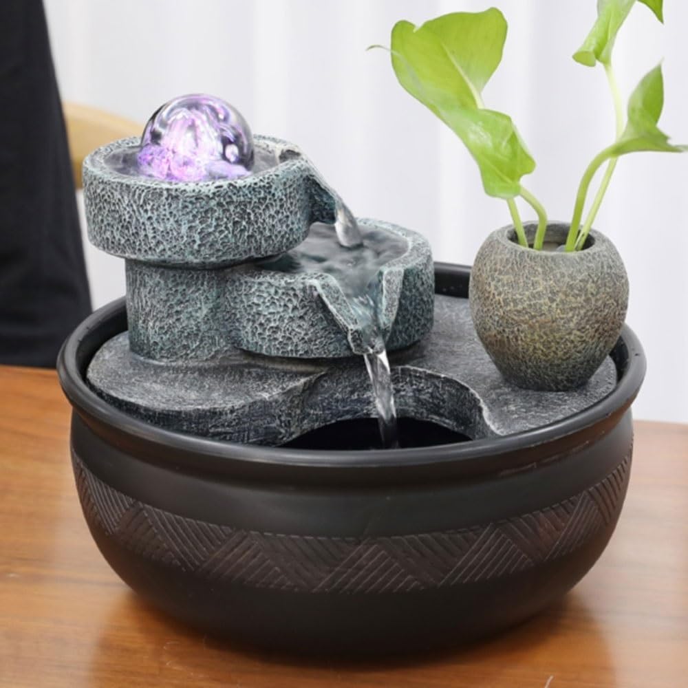 Fuente de Mesa Decorativa para Interior, Fuente de Agua con Cascada, de Resina, con Rueda de Agua, Bomba de Agua, Feng Shui Zen, decoración para salón, Escritorio, 26 x 26 x 23 cm