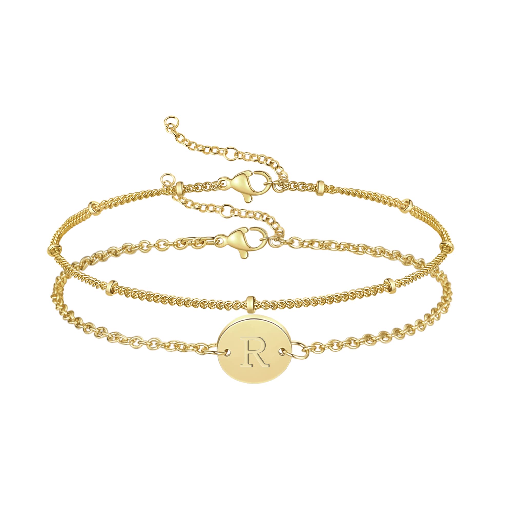 Gold Initial Bracelets for Women,Dainty 14K Gold Plated Layered Beaded Letter Initial Bracelet Personalized Engraved Letter Bracelet Personalized Monogram Name Bracelet for Girls