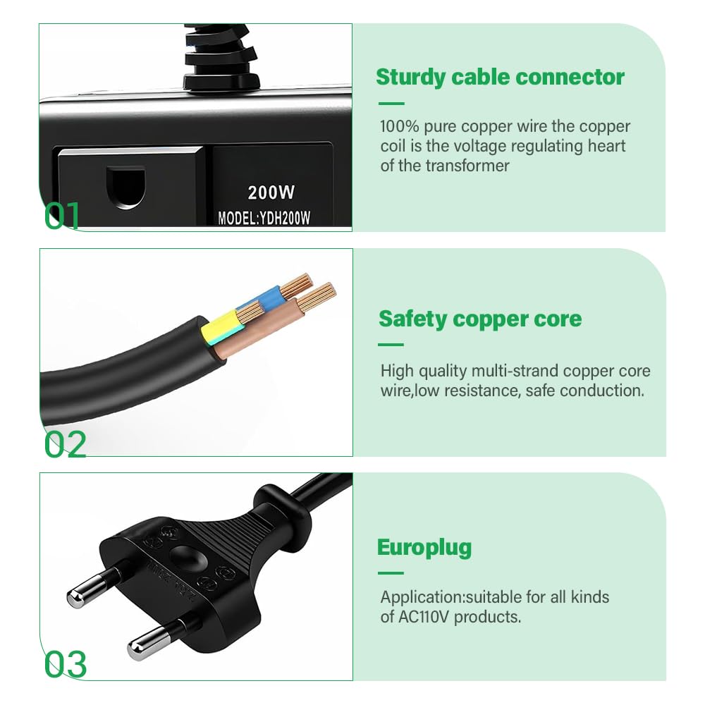 Spannungswandler Transformator 220V auf 110V, 200W Netzadapter Schritt Runter Stromkonverter, Reisestromadapter Spannungswandler mit EU Stecker für Luftreinigern verwendet,Computern Minikameras