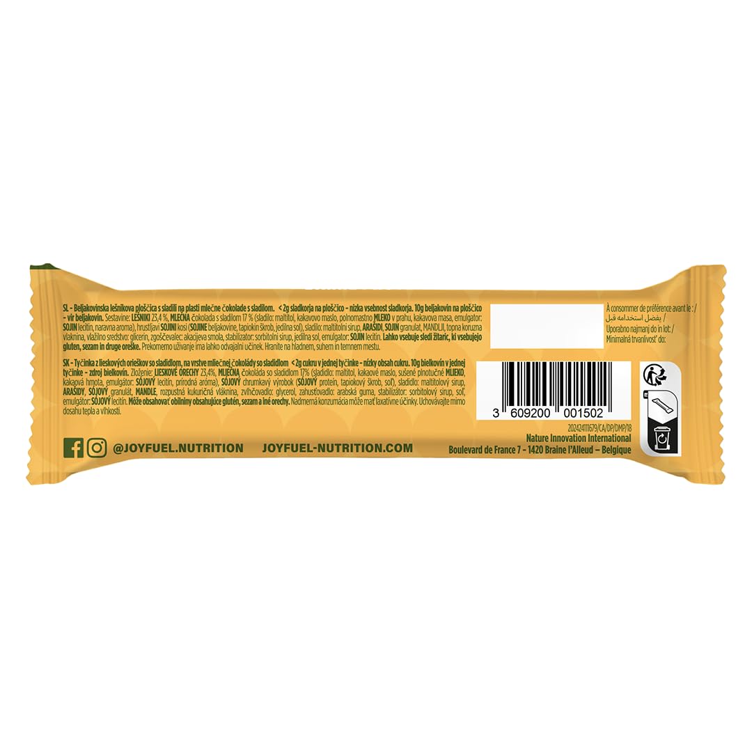 JOYFUEL Barre Protéinée Crunchy Nuts Noisette Chocolat 12x47g | 10g de protéines, Moins de 2g de sucre