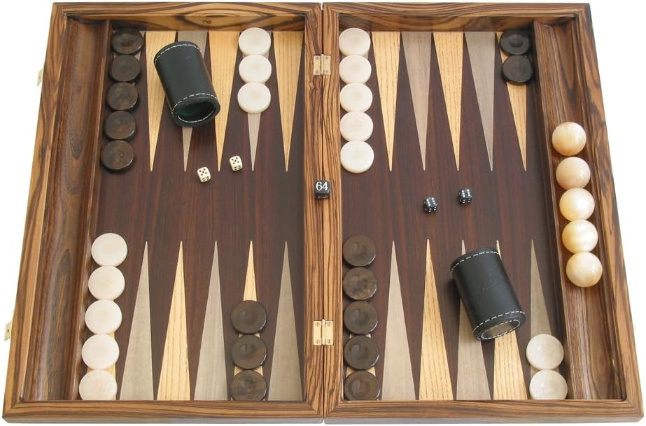 Neroulia Large 19" Backgammon Board Game Set with Racks (Zebrano Wood Case)