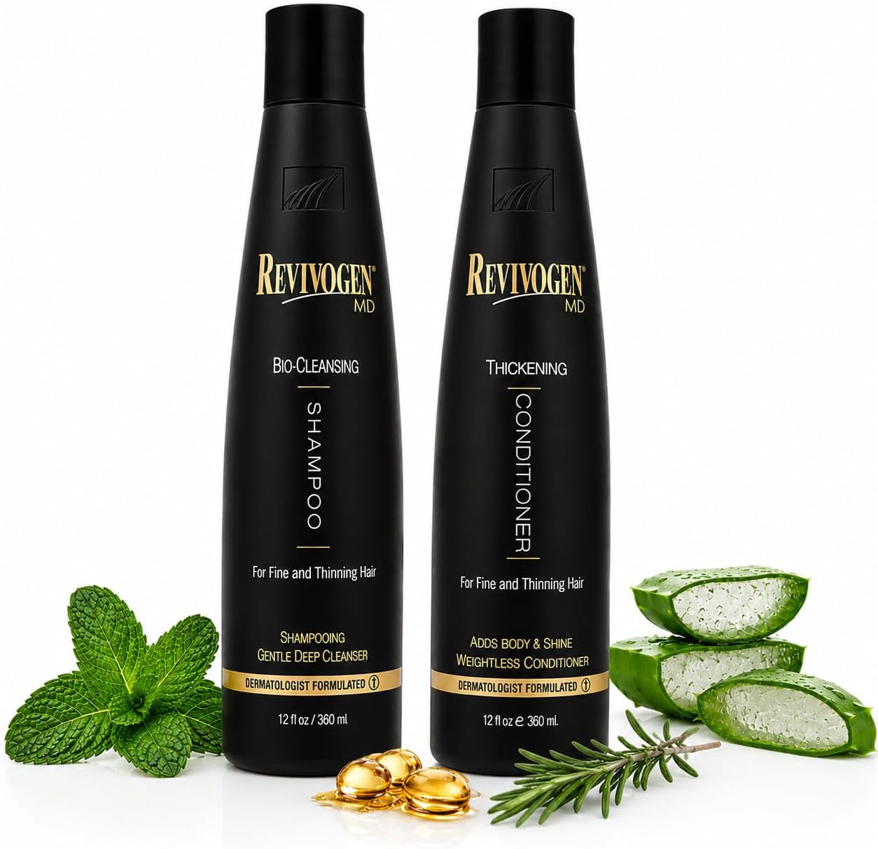 Revivogen MD Bio Cleansing Shampoo & Thickening Conditioner Duo Set for fine, thinning hair create volume, cleanse DHT, nourish scalp for healthier hair growth & 2 bottles, 12 oz. each