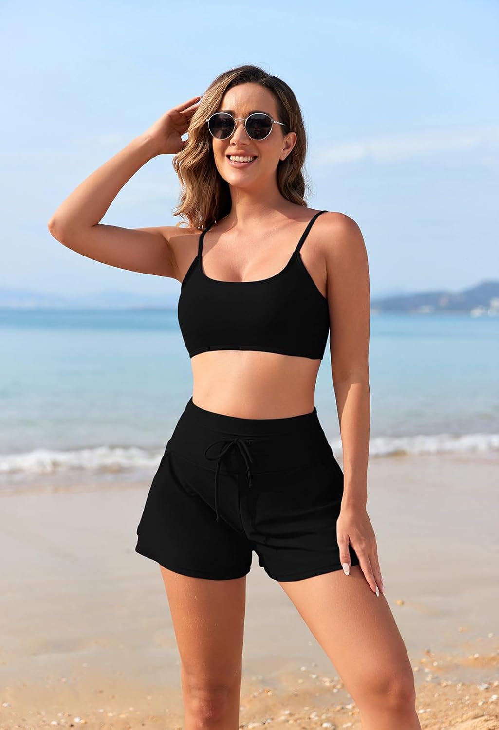 Pink Queen Women 2 Piece Bathing Suits Adjustable Strap Top Drawstring High Waisted Bikini Shorts Swimsuit with Pockets 2026