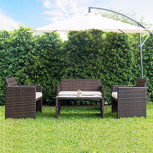 Image of Carry Bird 4 Piece PE Wicker Rattan Outdoor Furniture | 4 Seater Balcony Sofa With Tea Table | Set of 2+1+1 Outdoor Patio Chairs with Coffee Table | Sofa Sets & Center Table for Home & Garden | 3 Piece Patio Stools with Table | Indoor Patio Furniture Set Space Saving | Rattan Chair | Patio Set | Wicker Conversation Set | Poolside Lawn Arm Chairs Set For Balcony & Terrace | Balcony Table chair Set | Hotel Patio Seating Chair & Table Set with Glass | Brown Sofa Cream Cushion