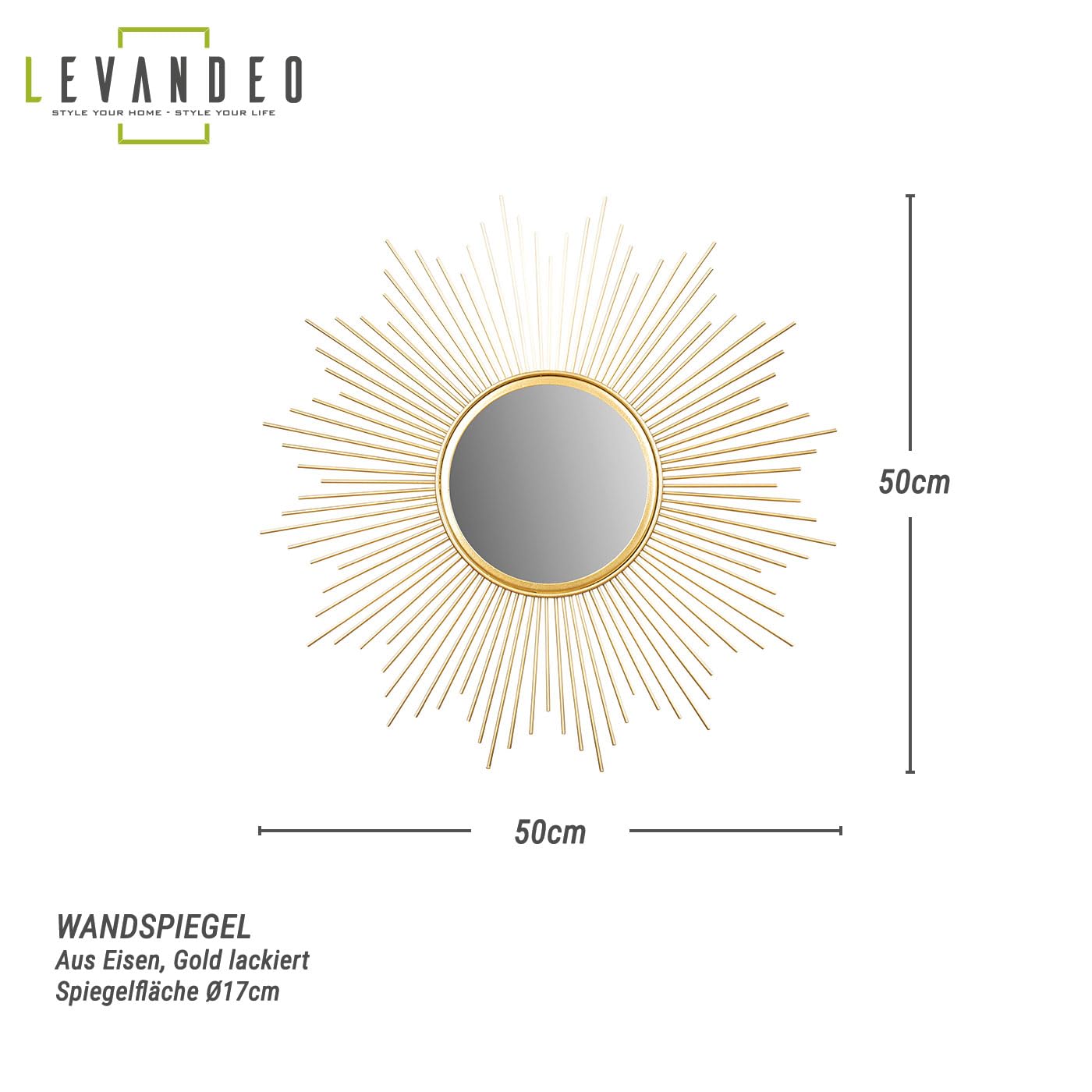 levandeo Sonnenspiegel Gold Ø 50cm Metall Deko Goldene Sonne Spiegel Wandspiegel Boho Flurspiegel Dekospiegel