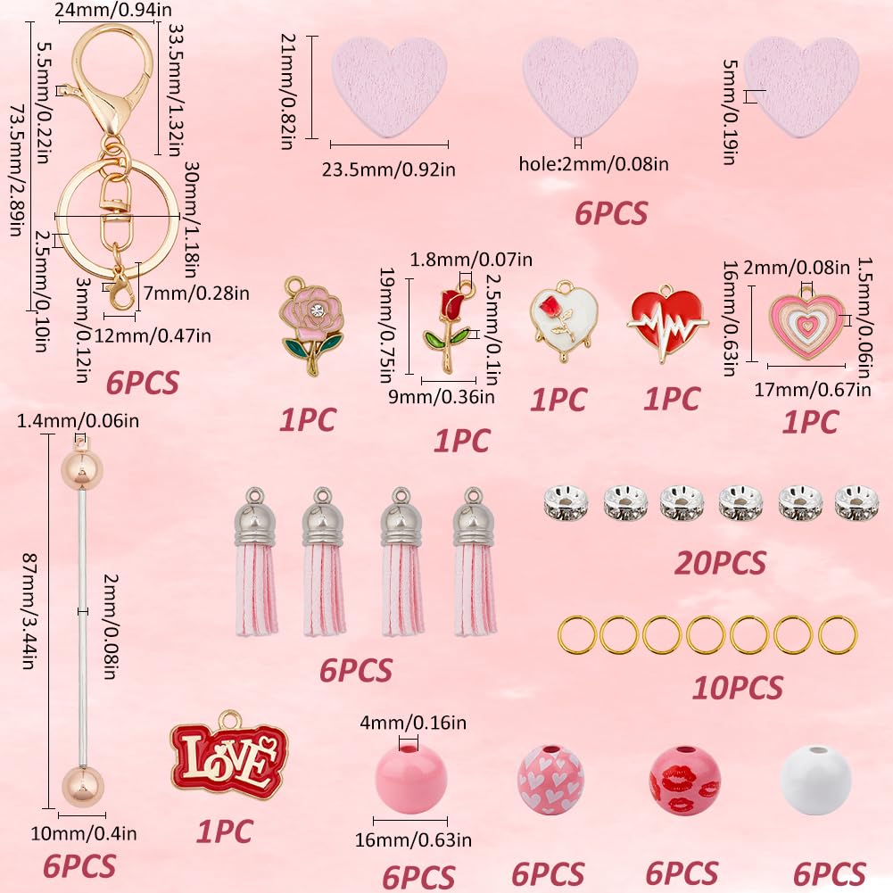 SUNNYCLUE DIY 6 Sets Keychain Making Kit Valentines Day Beadable Keychains Pink Wood Beads Romantic Love Rose Flower Charms Keychain Bar Bulk Keychain Bars for Women Adults Gift Party Favor Supplies - Image 3