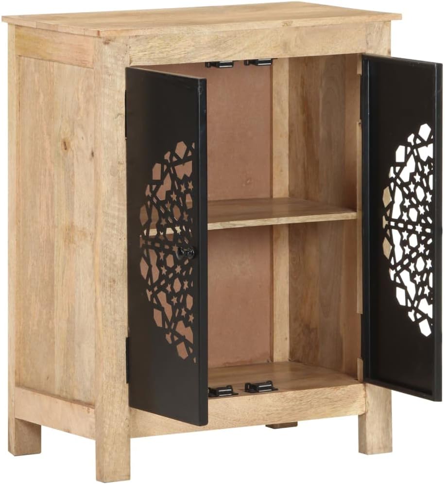 Solid Mango Wood Sideboard with Black Doors, Rustic Storage Cabinet for Living Room Hallway Bedroom, Natural Wood Grain Texture, Durable Powder Coating Finish, Ample Shelves