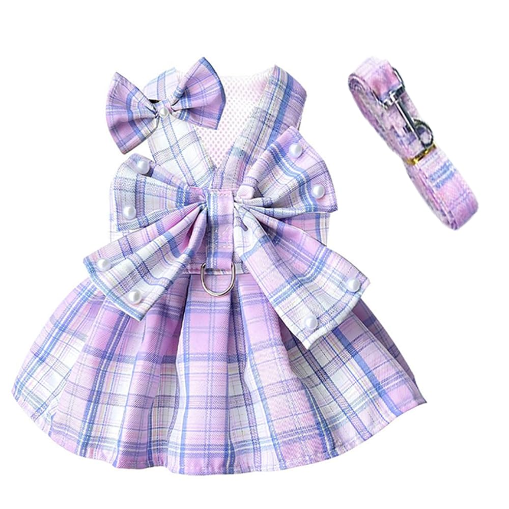 JAAQUCD Plaid Dog Dress Harness and Leash Set with Bow Tie Accessories Puppy Clothes for Small Dog Girl Cute Cat Summer Outfit Breathable Mesh Pet Princess Skirt with Pearls (Purple, Medium)