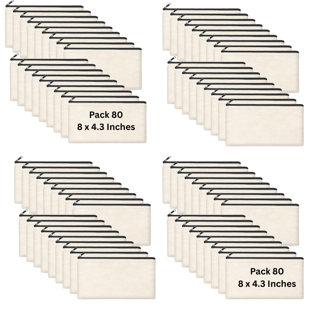 Cruleen 80 Pcs 8.3x4.7 Blank DIY Craft Bag Canvas Pencil Case Pouch-Canvas Makeup Bags Bulk With Zipper, Cosmetic Bag-Multi-Purpose Zipper Pouch