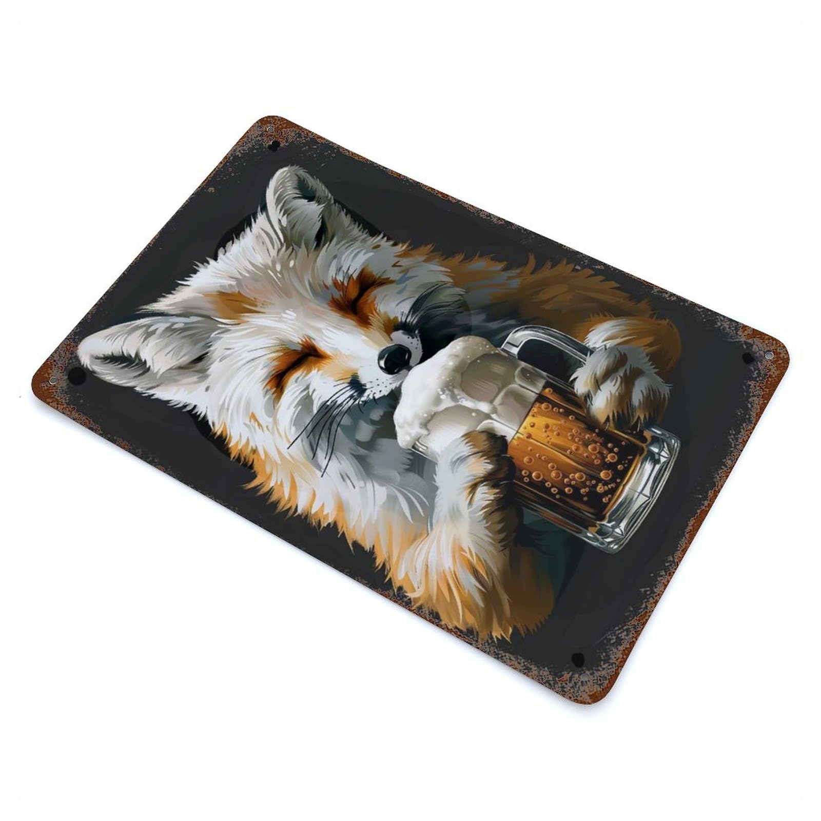 Aged Metal Wall Plaque with FOX Beer Design 11.8"x7.9", for Farmhouse, Kitchen And Entryway Decor, Old School Wall Decor