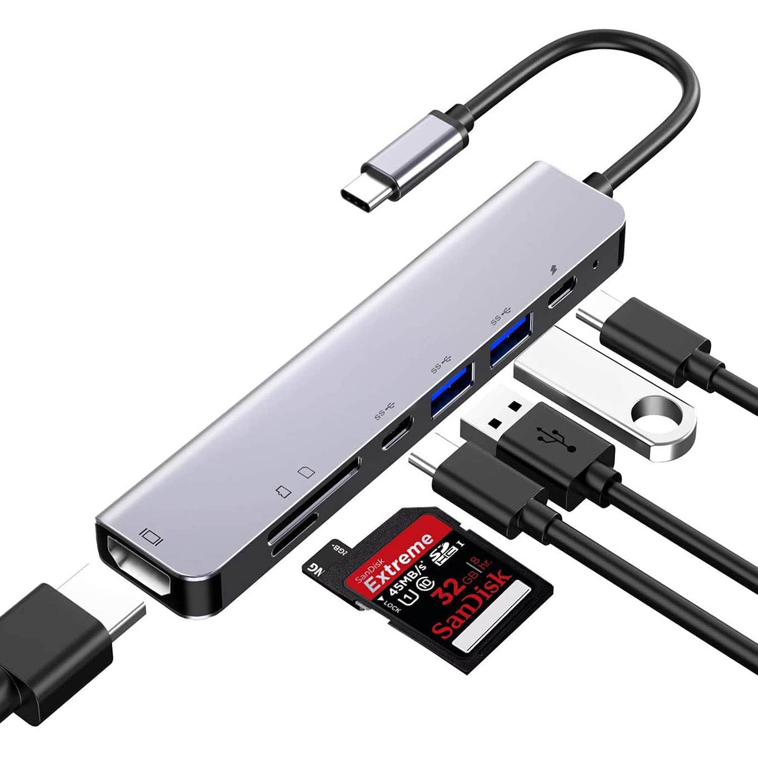 USB C Type HUB 7 in 1 Adapter Multi Port Dongle Type-C to 2 x USB 3.0/USB 2.0, 1 x 4K HDMI, 2 x USB C with PD 3.0 Charging Port, SD/TF Reader for MacKBook, Chromebook, DELL Other Type C Devices-image-12