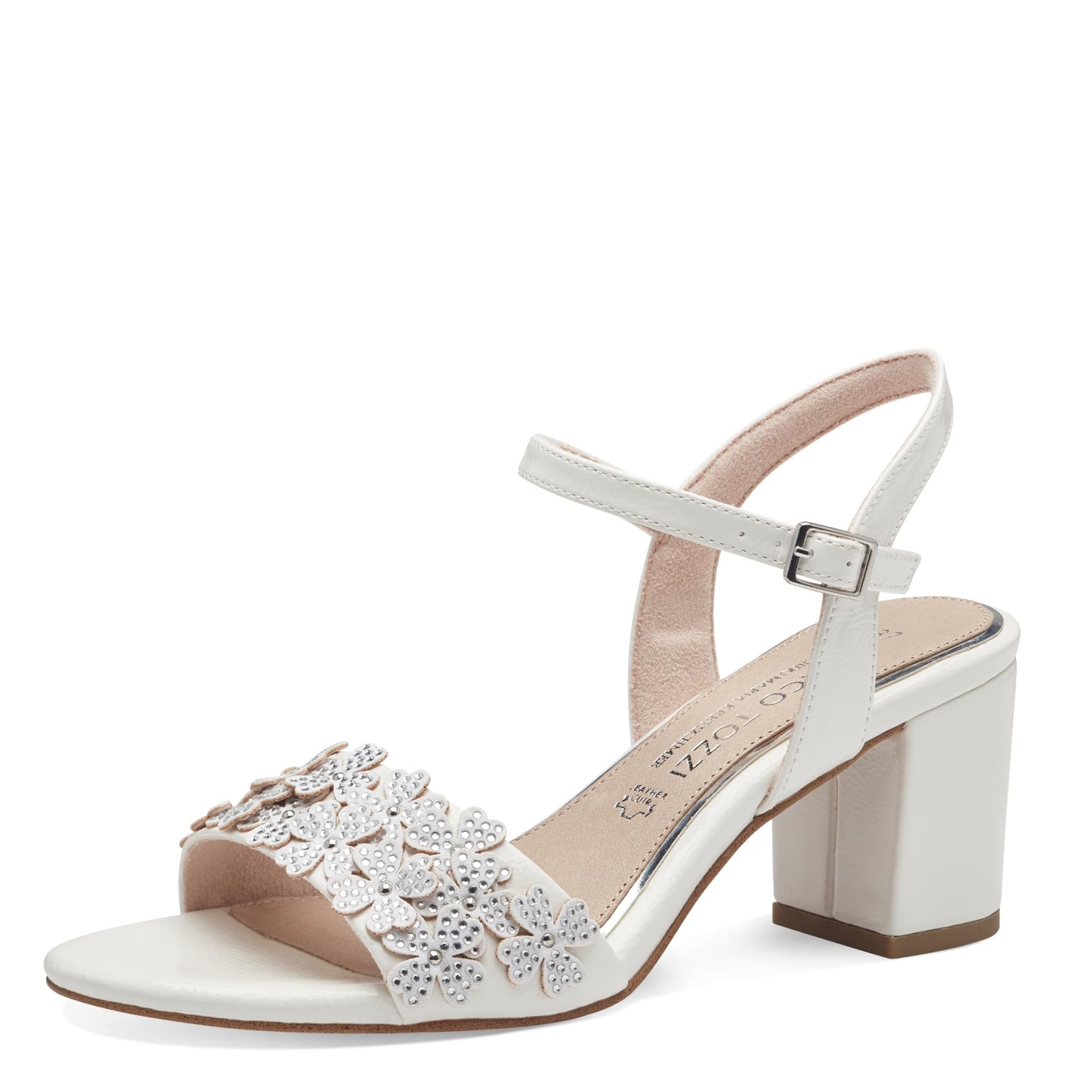MARCO TOZZI by Guido Maria Kretschmer Women's Sandals with Heel, Elegant Block Heel, Ivory Patent., 8.5 UK