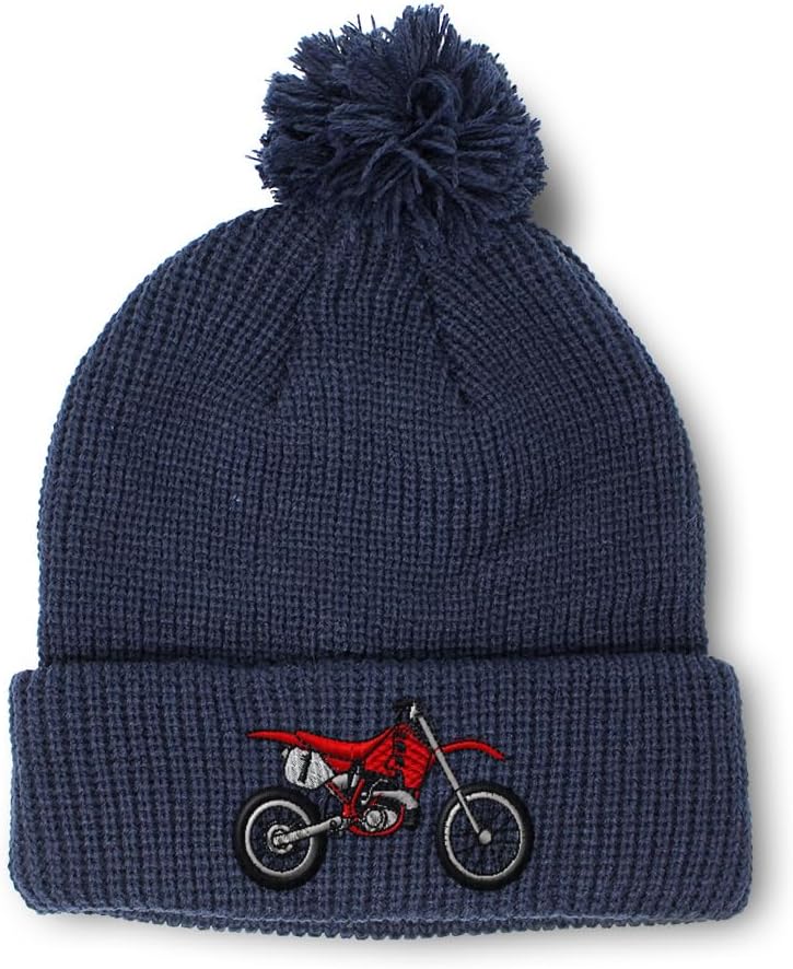 Custom Pom Pom Beanies for Women Red Dirt Bike Style A Embroidery Skull Cap Winter Hats for Men One Size