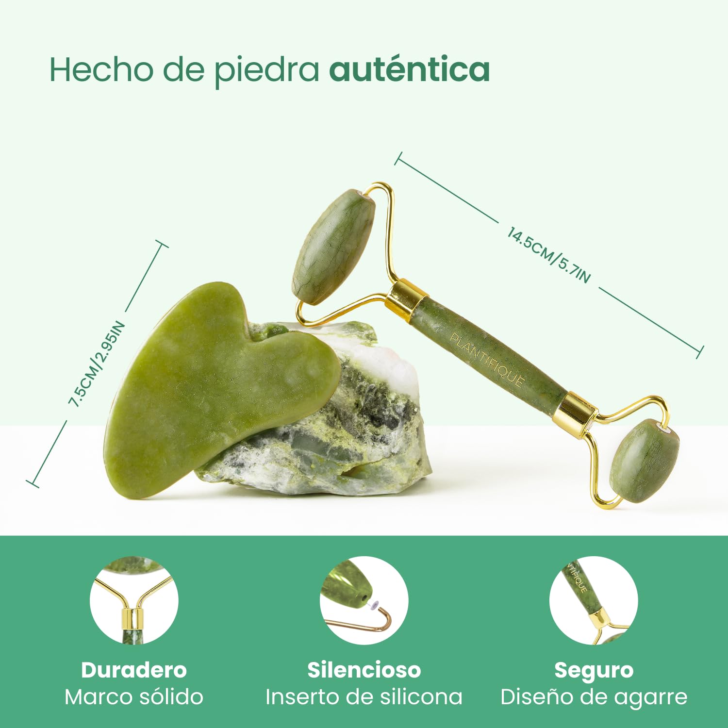 PLANTIFIQUE Gua Sha y Rodillo Facial de Jade - Masajeador Facial Antiarrugas para Tonificar la Piel - Face Roller - Rodillo Masaje y Guasha de Piedra Jade Auténtico — view 5