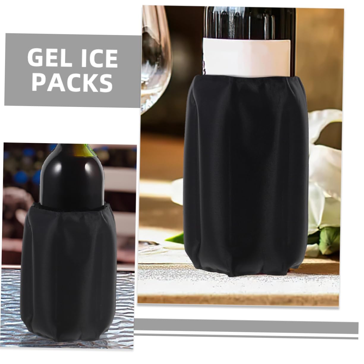 SOLUSTRE Raffreddatore per Bottiglie di Vino e Birra Nero Poliestere Gel Riutilizzabile, Set da 2 Pezzi per Mantenere Fresco Vino a Casa