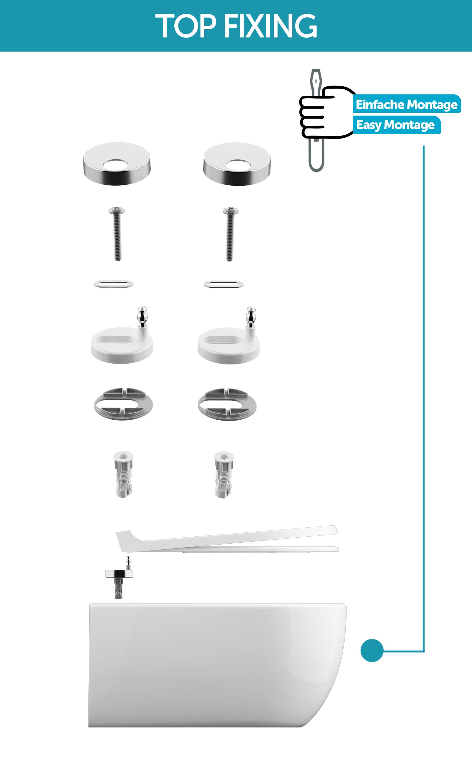 Aqua Bagno - Asiento de inodoro plano con cierre suave Roxy en forma de D (plástico termoendurecido descenso automático, tapa extraíble y tapa de inodoro antibacteriana), color blanco