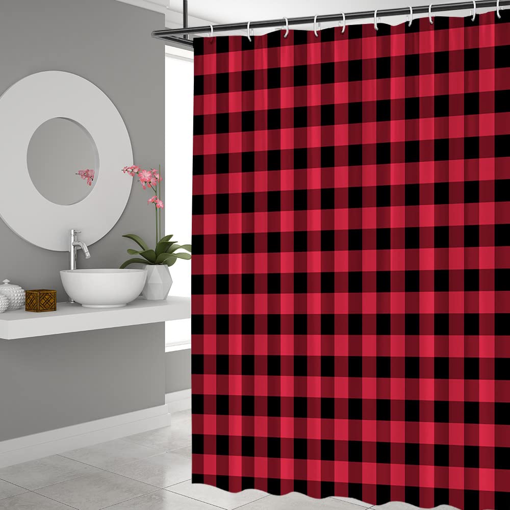 QWRSMYX Buffalo Plaid Shower Curtain Buffalo Check Woven Texture Machine Washable Rustic Farmhouse Style for Bathroom Polyester Fabric with Hooks 36Wx70H Inch