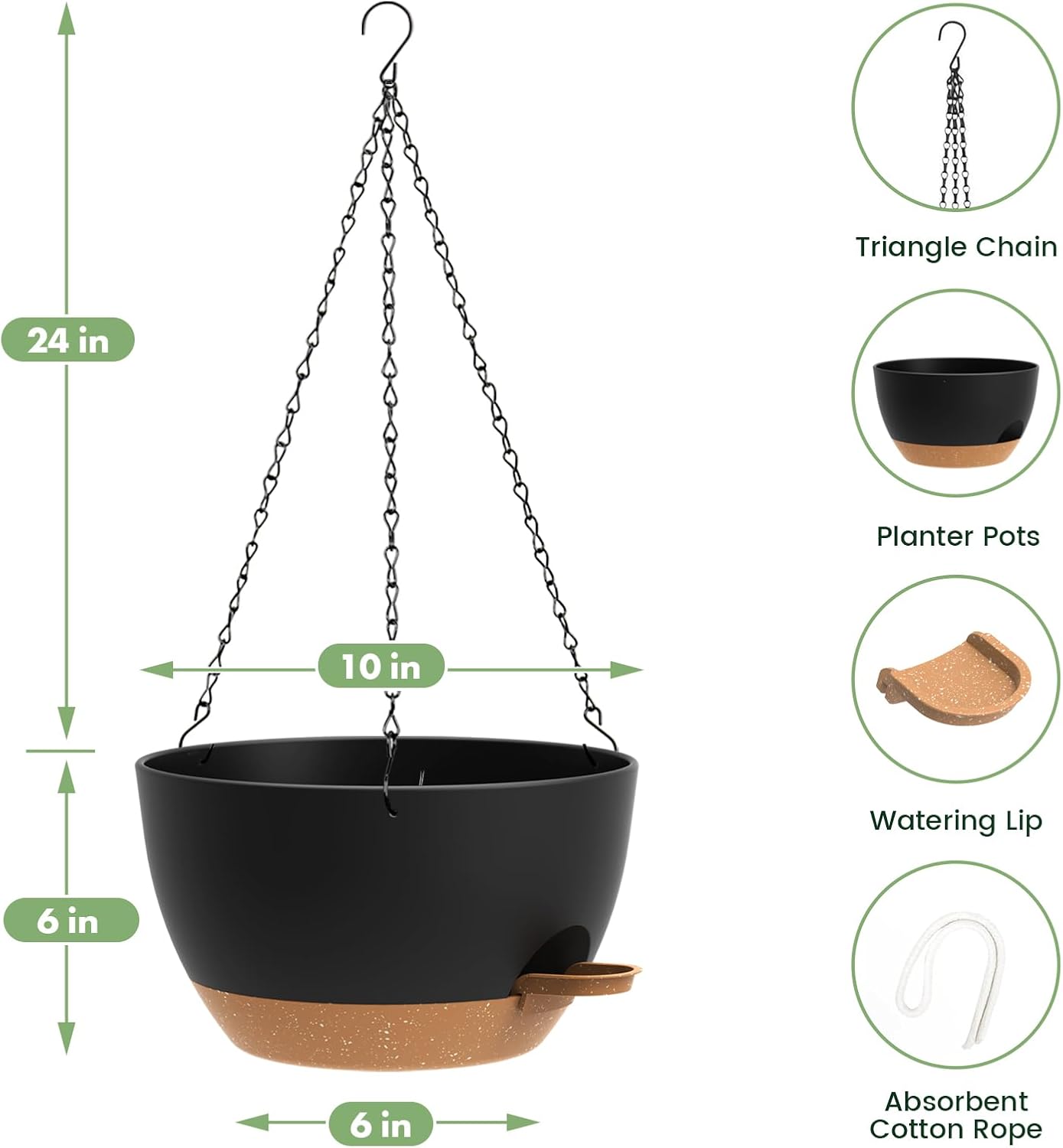 3 Pack 10 Hanging Flower Pots with Chains Self Watering Plastic Planters for Indoor Outdoor Plants, Sturdy Triangular Iron Chain Design for Garden PorchPlastic hanging flower pots (3, Black Brown)