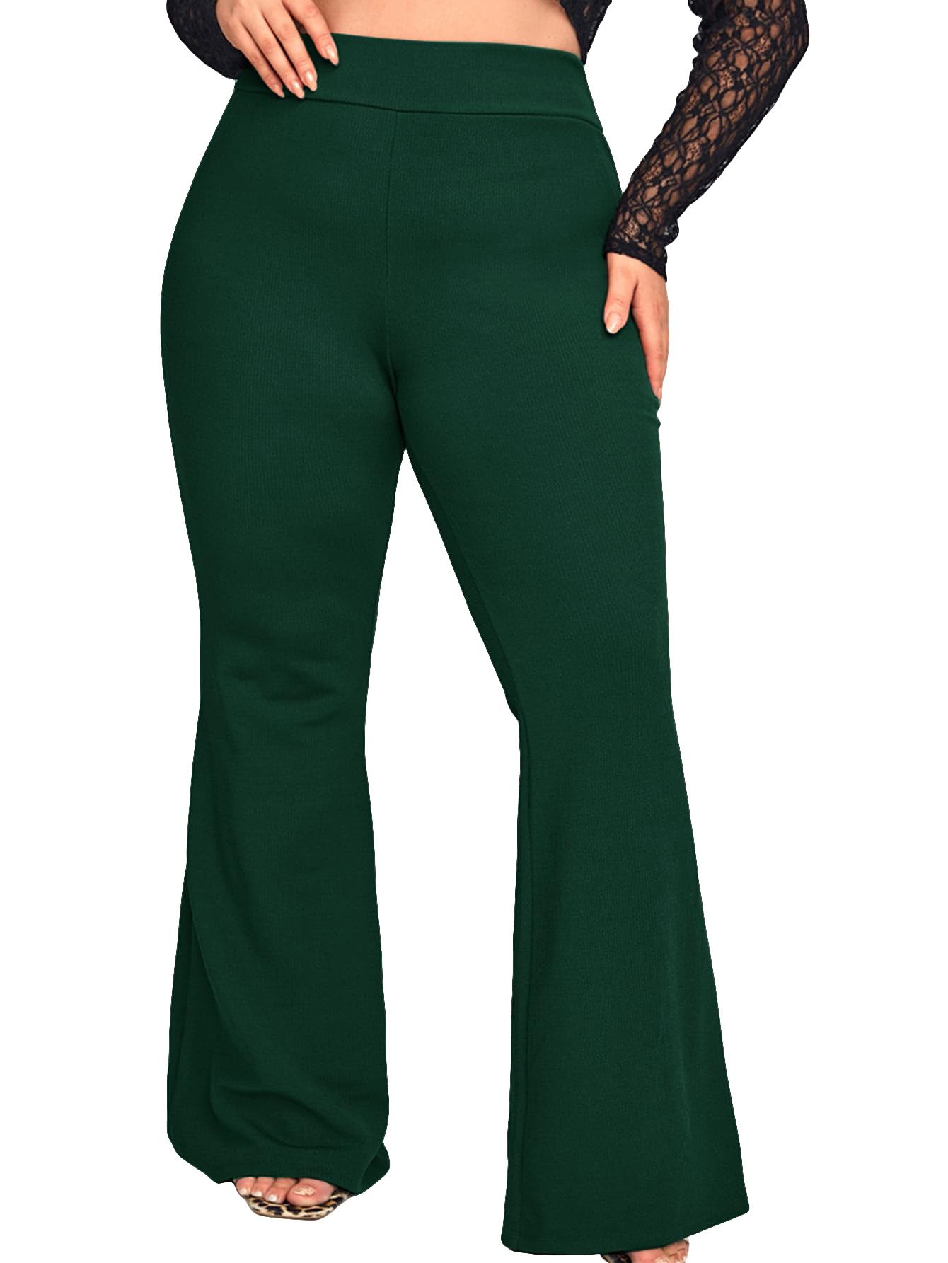 WDIRARA Women's Plus Size Elastic High Waist Flare Bell Bottom Ribbed Knit Long Pants