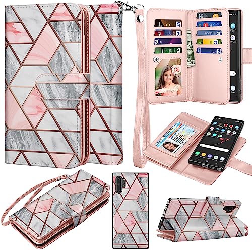 Takfox for Samsung Note 10 Plus Case Wallet, for Galaxy Note 10+ Plus 5G Phone Case PU Leather w 9 ID Credit Card Holder Slots Folio Flip Magnetic Detachable Hard Case & [Wrist Strap]-Marble