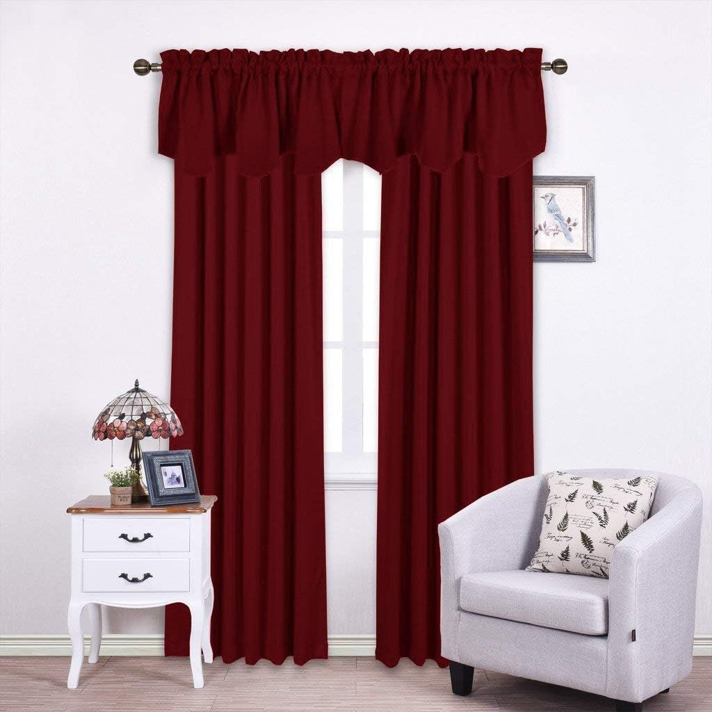 NICETOWN Kitchen Window Blackout Valances - Home Decor 52 inches x 18 inches Scalloped Rod Pocket Valance Curtain Tiers for Small Window/Living Room/Christmas, Burgundy Red, Set of 4 Panels