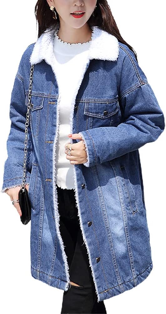 Ru Sweet Women's Winter Sherpa Lined Faux Fur Collar Long Denim Jacket - Image 3