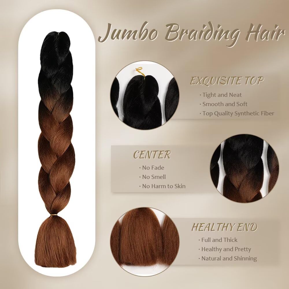 ShowJarlly Treccie Africane Extension 24", Kanekalon Treccia Capelli, Ombre Jumbo Treccia Capelli Fibra treccia di scatola, Per Crochet Twist Intrecciare I Capelli (Nero/Marrone Scuro)