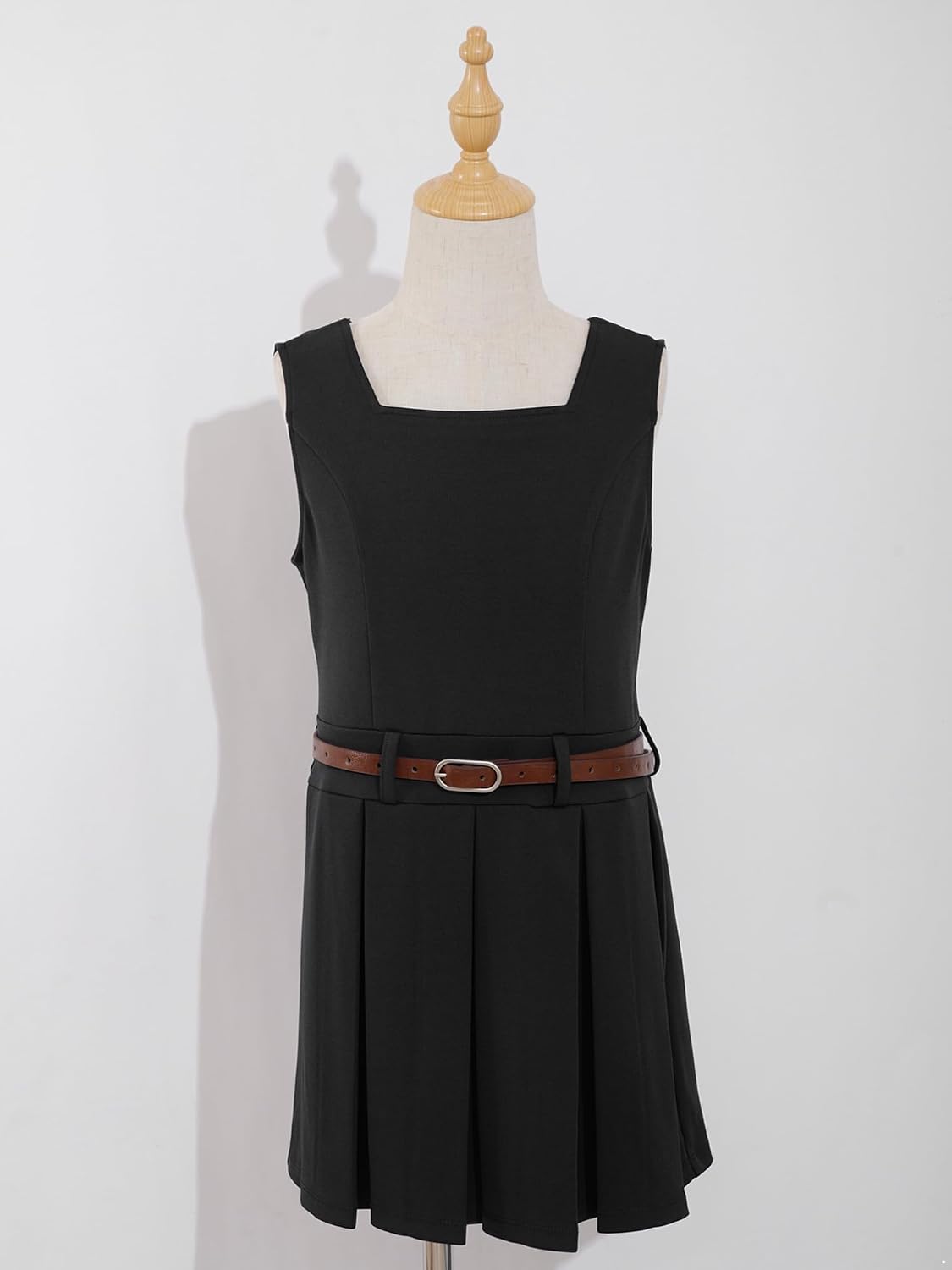 Hularka Kids Girls Stretchy Sleeveless Pleated Hem School Uniform Dress Jumper with Faux Leather Belt