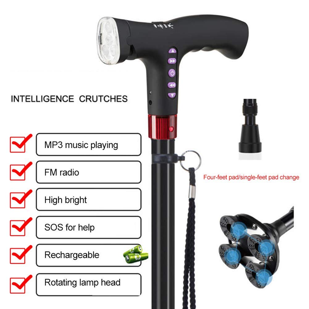 Bastón para Caminar con luz, muleta Ajustable, Radio FM, MP3, Alarma de caída Inteligente, Bastones confiables para Padres Mayores