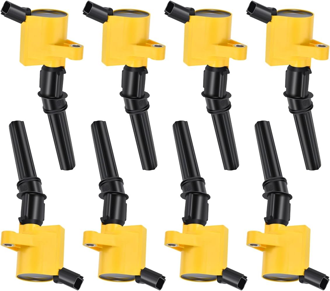 MAS Set of 8 Yellow Ignition Coils Pack Curved Boots DG508 & 8 Motorcraft Platinum Spark Plug SP479 Compatible with Ford F150 F250 Super Duty E350 E450 Expedition Lincoln Navigator DG457 DG472 DG491
