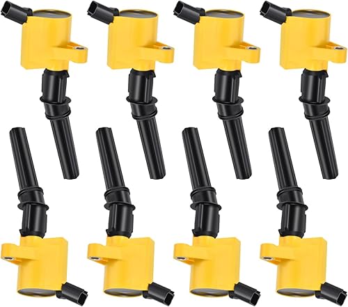 Miniatura 5 de MAS Juego de 8 bobinas de encendido amarillas, botas curvadas DG508 y 8 bujías Motorcraft Platinum SP479 compatibles con Ford F150 F250 Super Duty